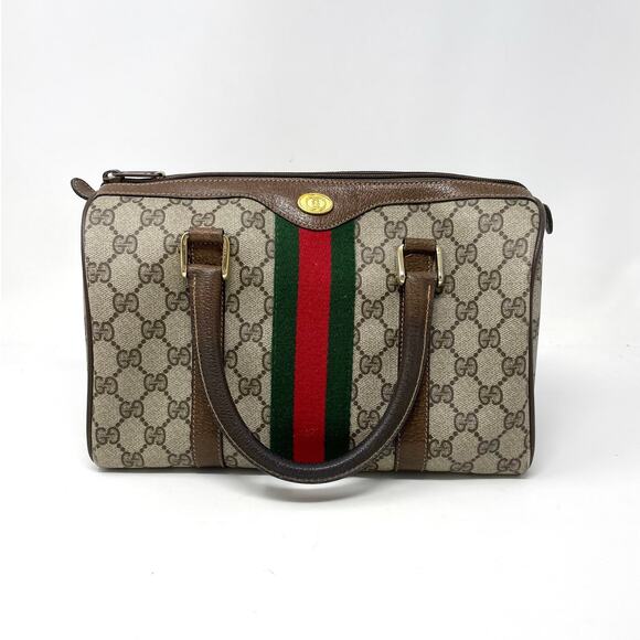 Gucci Handbags - Gucci GG Supreme Monogram Web Vintage Boston Bag Canvas Leather Beige Brown